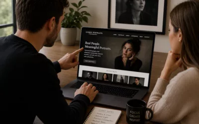Image of Man working on photography website with clieny cover